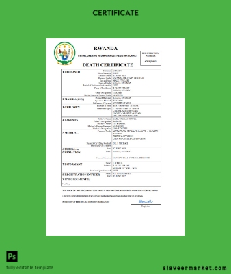 Rwanda vital record death Sertifika Word and PDF Şablon