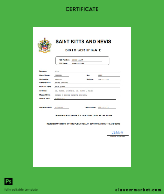 Saint Kitts and Nevis vital record birth Sertifika Word and PDF Şablon