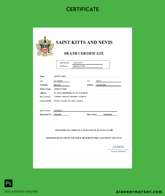 Saint Kitts and Nevis vital record death Sertifika Word and PDF Şablon