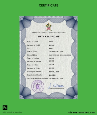 Saint Kitts vital record birth Sertifika PSD Şablon