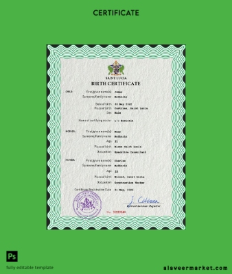 Saint Lucia vital record birth Sertifika PSD Şablon