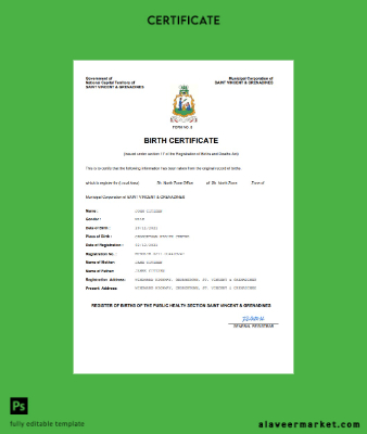 Saint Vincent & Grenadines vital record birth Sertifika Word and PDF Şablon