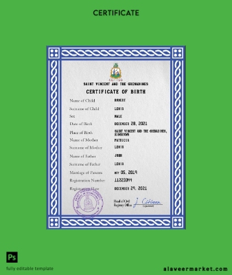 Saint Vincent and the Grenadines birth Sertifika PSD Şablon