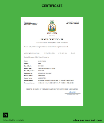 Saint Vincent and the Grenadines vital record death Sertifika Word and PDF Şablon
