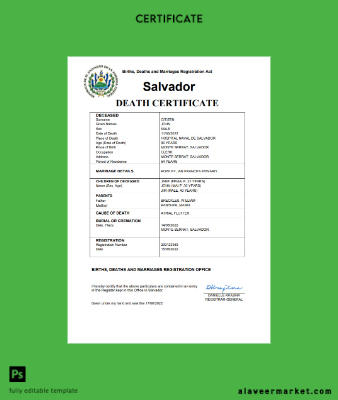Salvador vital record death Sertifika Word and PDF Şablon