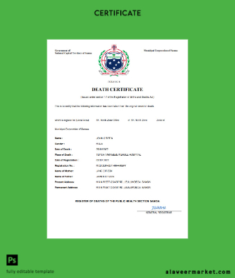 Samoa death Sertifika Word and PDF Şablon