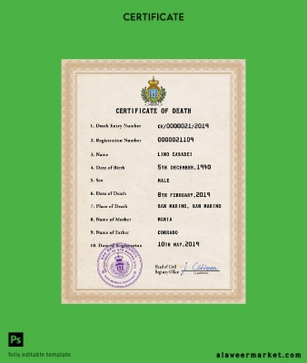 San Marino vital record death Sertifika PSD Şablon