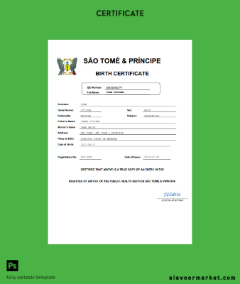 Sao Tome & Principe vital record birth Sertifika Word and PDF Şablon