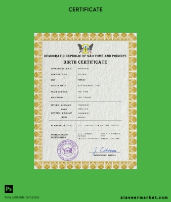 Sao Tome and Principe vital record birth Sertifika PSD Şablon