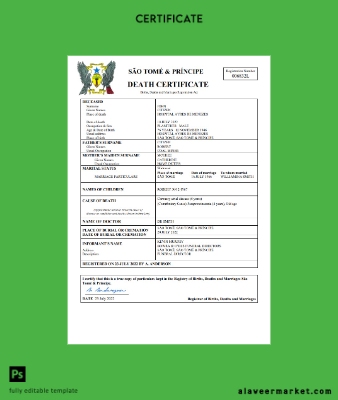 Sao Tome and Principe vital record death Sertifika Word and PDF Şablon