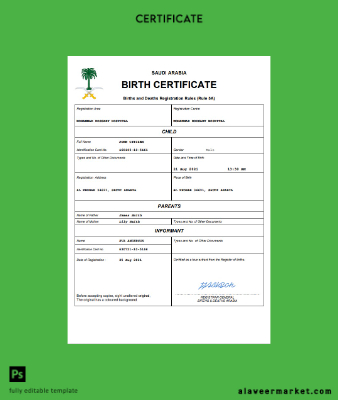 Suudi Arabistan Arabia birth Sertifika Word and PDF Şablon
