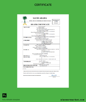 Suudi Arabistan Arabia death Sertifika Word and PDF Şablon