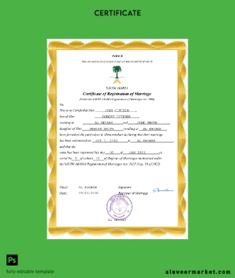 Suudi Arabistan Arabia marriage Sertifika Word and PDF Şablon