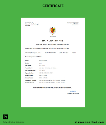 Senegal vital record birth Sertifika Word and PDF Şablon