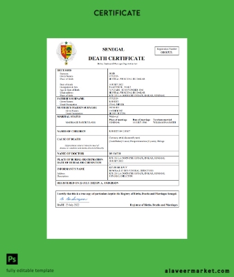 Senegal vital record death Sertifika Word and PDF Şablon
