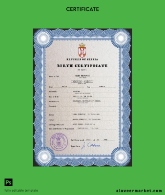 Sırbistan vital record birth Sertifika PSD Şablon