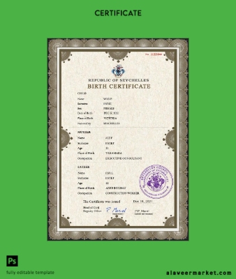 Seychelles vital record birth Sertifika PSD Şablon