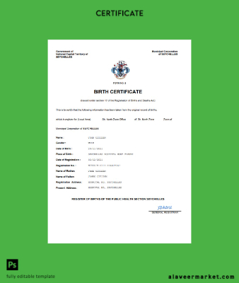 Seychelles vital record birth Sertifika Word and PDF Şablon