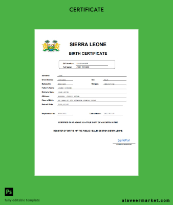 Sierra Leone birth Sertifika Word and PDF Şablon