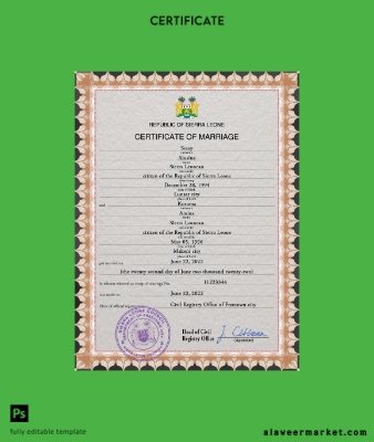 Sierra Leone marriage Sertifika PSD Şablon