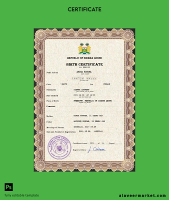 Sierra Leone vital record birth Sertifika PSD Şablon
