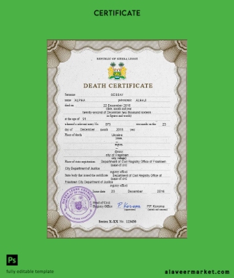 Sierra Leone vital record death Sertifika PSD Şablon