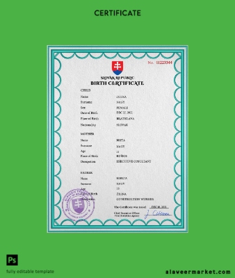 Slovakya birth Sertifika PSD Şablon