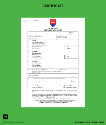 Slovakya birth Sertifika Word and PDF Şablon