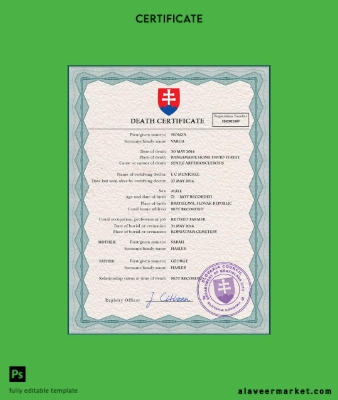 Slovakya vital record death Sertifika PSD Şablon