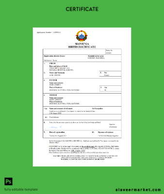 Slovenya birth Sertifika Word and PDF Şablon
