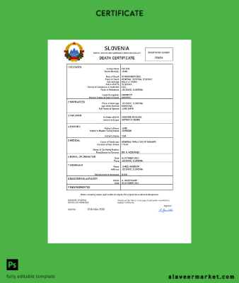 Slovenya vital record death Sertifika Word and PDF Şablon