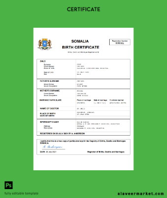 Somalia birth Sertifika Word and PDF Şablon