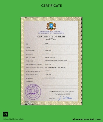 Somalia vital record birth Sertifika PSD Şablon