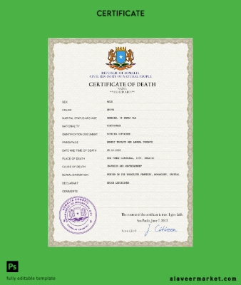 Somalia vital record death Sertifika PSD Şablon