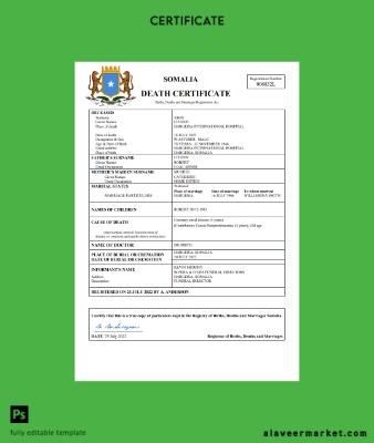 Somalia vital record death Sertifika Word and PDF Şablon
