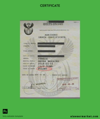 South Africa Department of home affairs death Sertifika