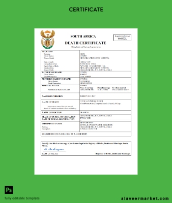 South Africa death Sertifika Word and PDF Şablon