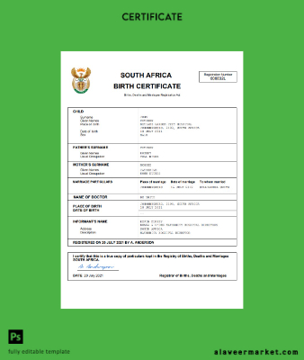 South Africa vital record birth Sertifika Word and PDF Şablon