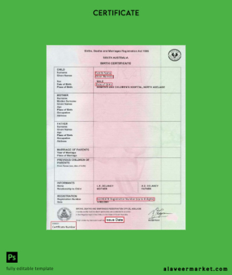 South Avustralya Births and Deaths Registration office birth Sertifika