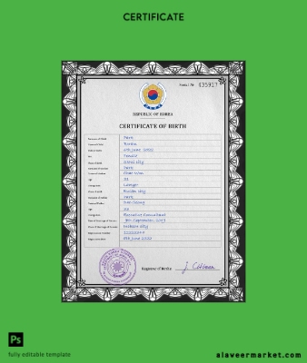 South Korea birth Sertifika PSD Şablon