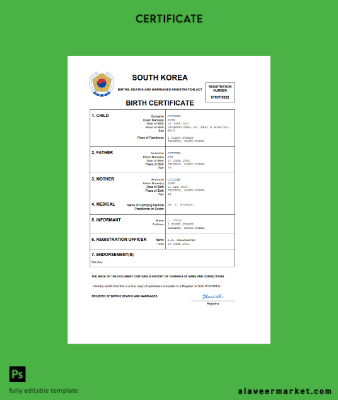 South Korea birth Sertifika Word and PDF Şablon