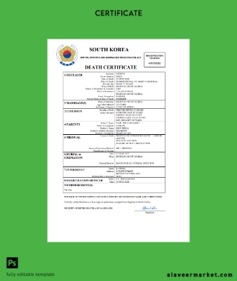 South Korea vital record death Sertifika Word and PDF Şablon
