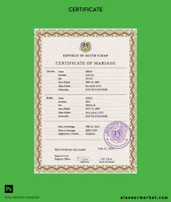 South Sudan marriage Sertifika PSD Şablon