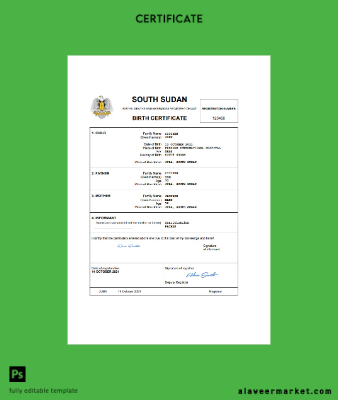 South Sudan vital record birth Sertifika Word and PDF Şablon