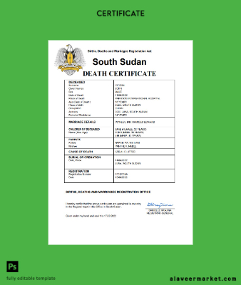 South Sudan vital record death Sertifika Word and PDF Şablon