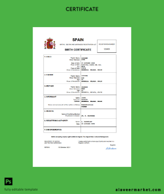 İspanya birth Sertifika Word and PDF Şablon