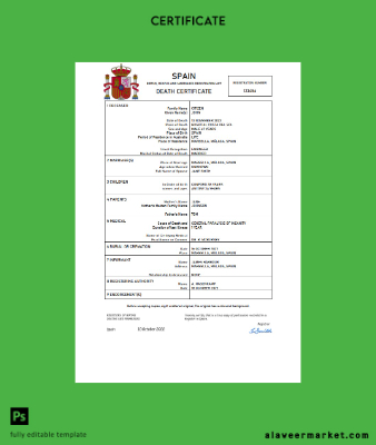 İspanya death Sertifika Word and PDF Şablon