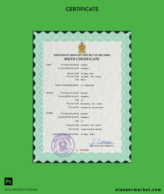 Sri Lanka vital record birth Sertifika PSD Şablon
