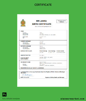 Sri Lanka vital record birth Sertifika Word and PDF Şablon