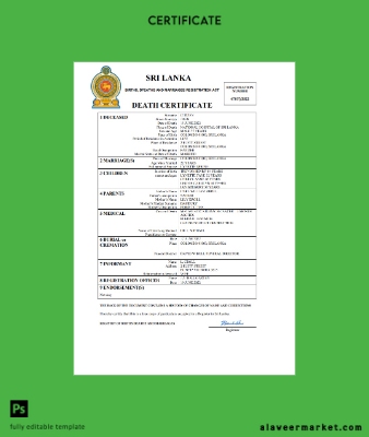Sri Lanka vital record death Sertifika Word and PDF Şablon